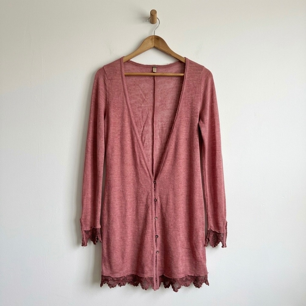 Free People Womens Longline Cardigan Mauve Pink Lace Trim Button Front Size S
